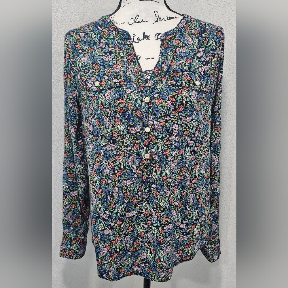 St. John's Bay Women's Half Button Floral Long Sleeve Roll Tab Blouse Size XS